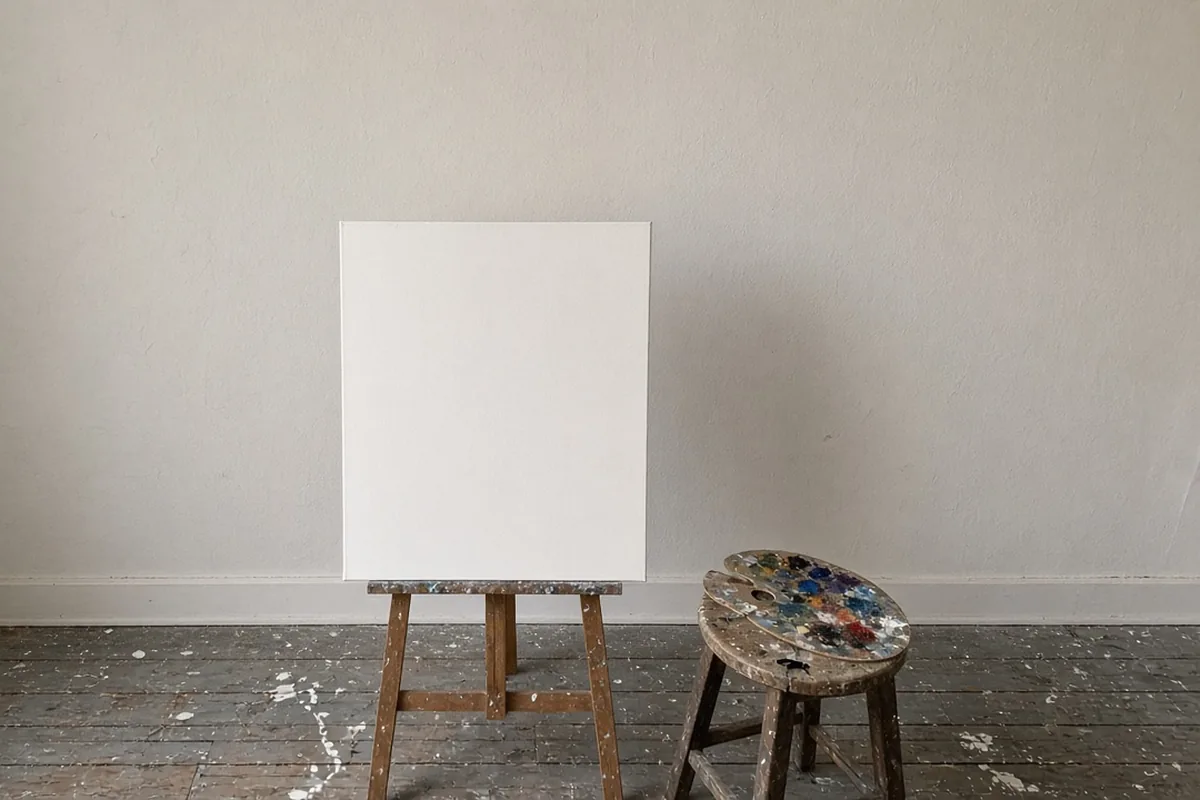 Blank canvas and artist palette in a studio