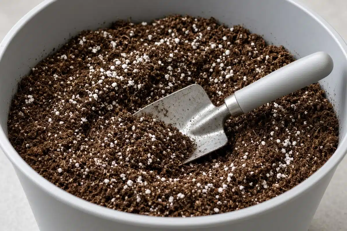 Large plastic tub of moist coconut coir, compost and white perlite partly blended, with a garden trowel resting inside