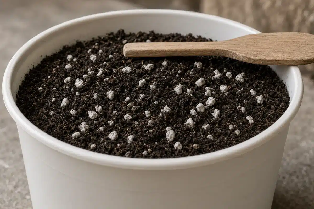 Plastic tub of dark peat based potting mix with light gray pumice stones scattered through it and a wooden paddle on the rim
