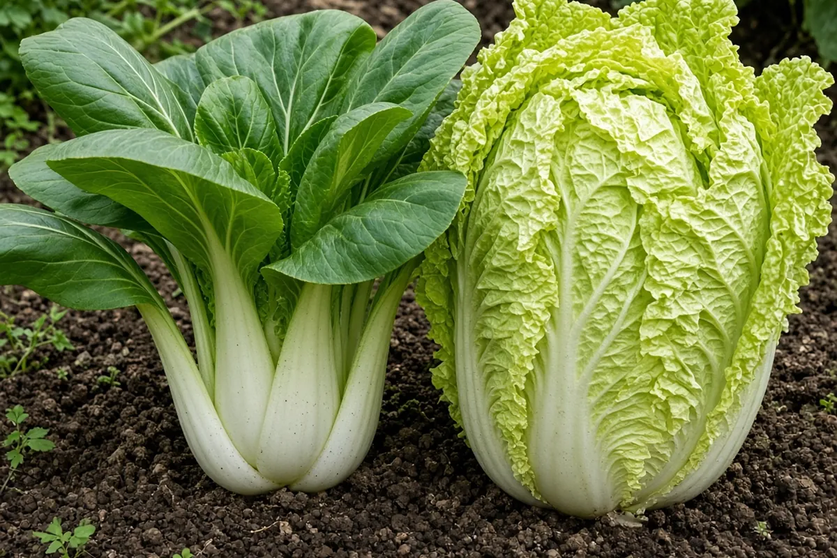 Bok choy beside a barrel shaped napa cabbage