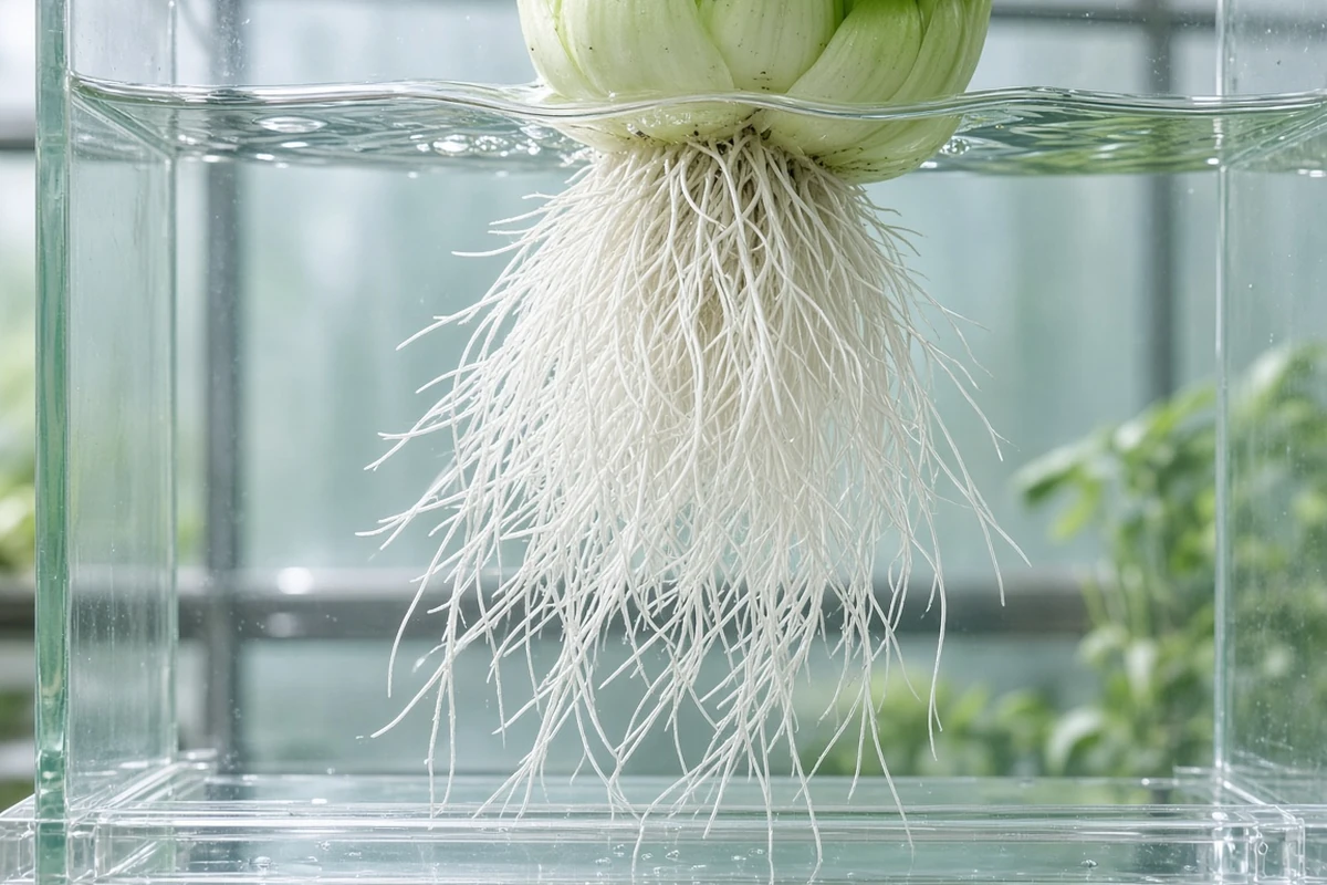 Bok choy roots in clear water