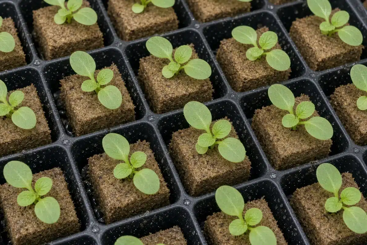 Bok choy seedlings in starter plugs on a tray