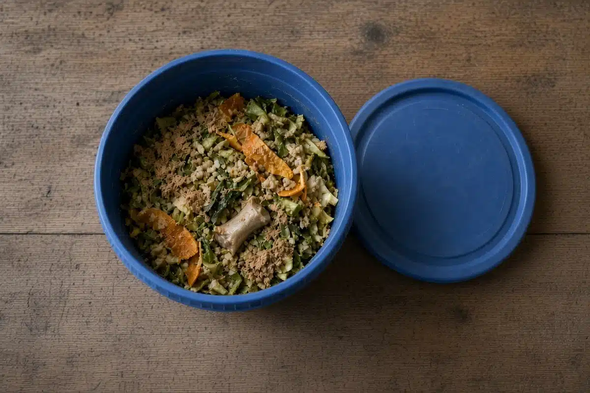 Food scraps in an open bokashi bucket dusted with beige bokashi bran.