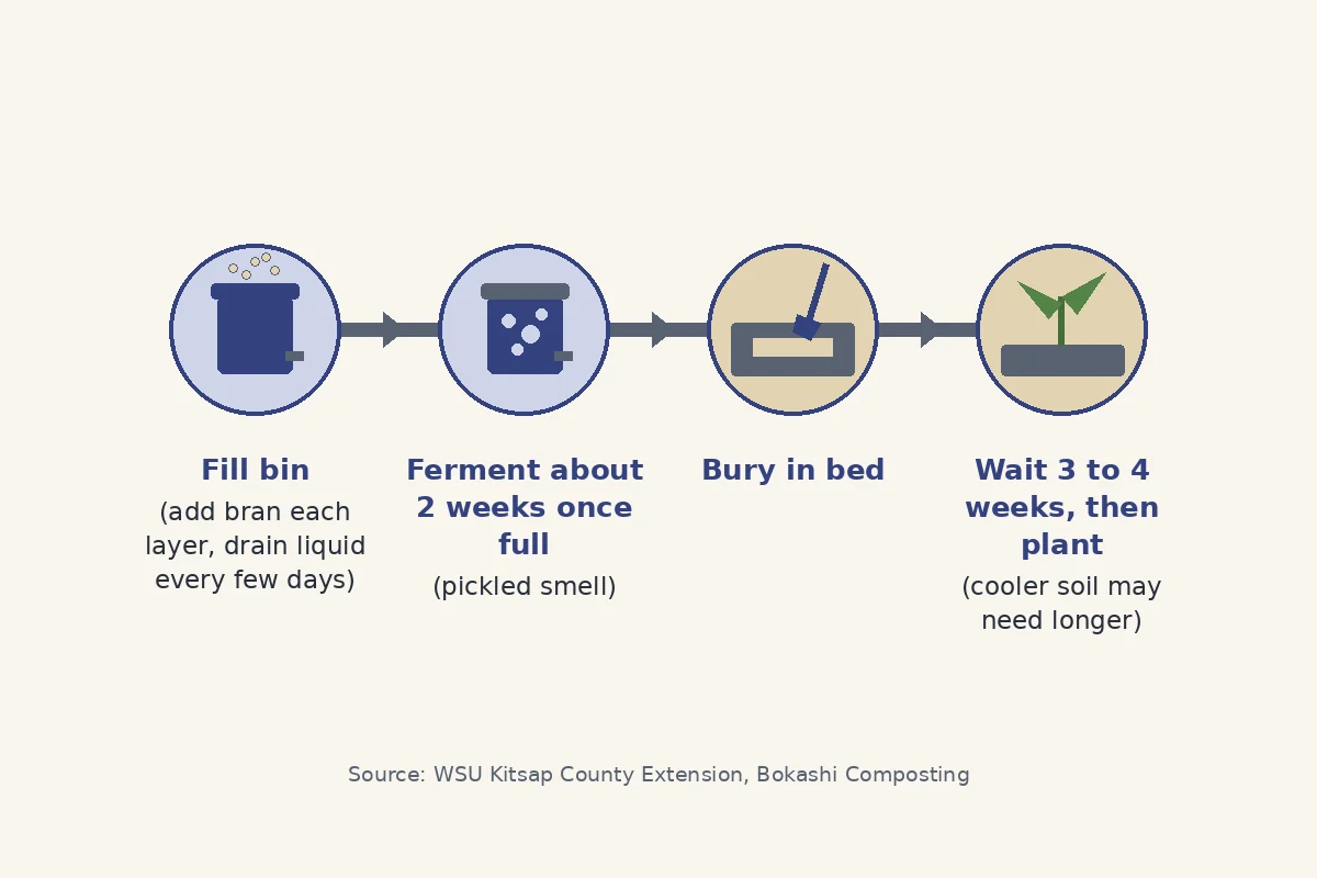 Timeline of bokashi from filling the bin through about 2 weeks of fermenting to a 3 to 4 week wait before planting.