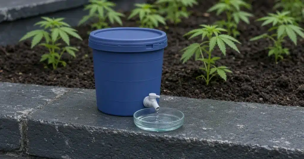 Sealed bokashi bucket with a spigot on a porch step beside a cannabis garden bed.