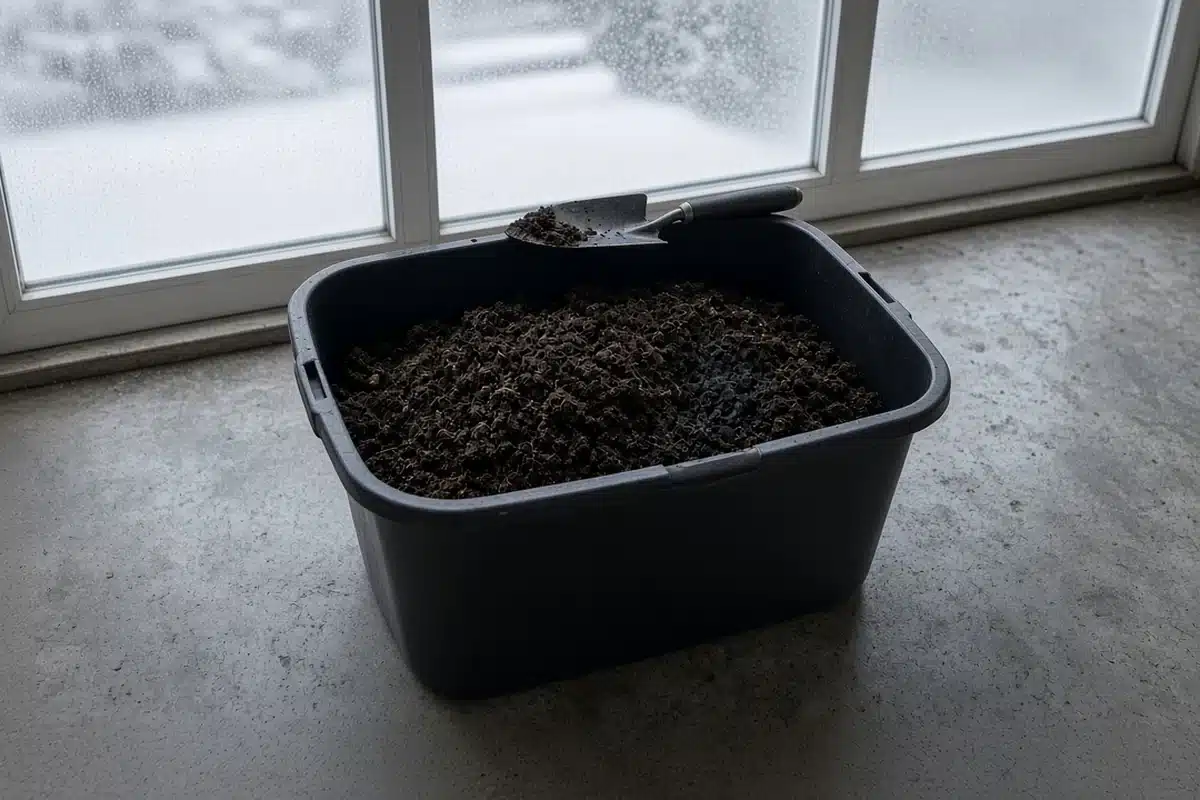 Storage tote of dark, crumbly soil with bokashi mixed in, kept in a garage over winter.