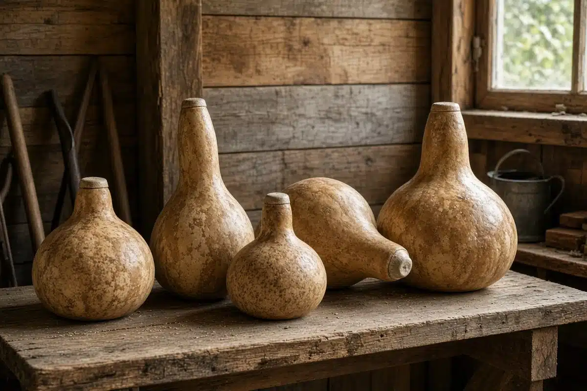 Bottle gourds with hard tan shells in a shed