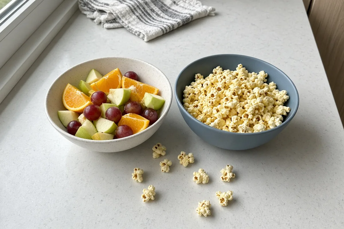 A bowl of fresh fruit and a bowl of popcorn
