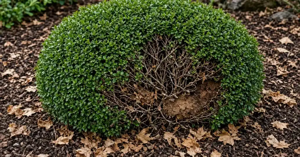 Boxwood shrub with bare patches from leaf drop