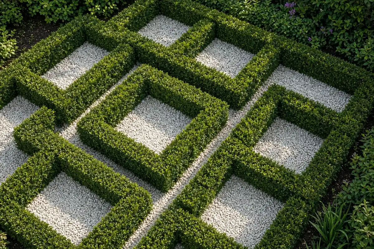 Boxwood hedge with small rounded leaves
