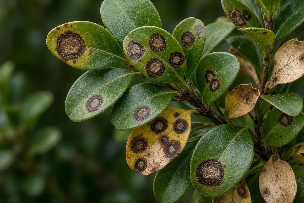 Boxwood leaves with dark brown spots