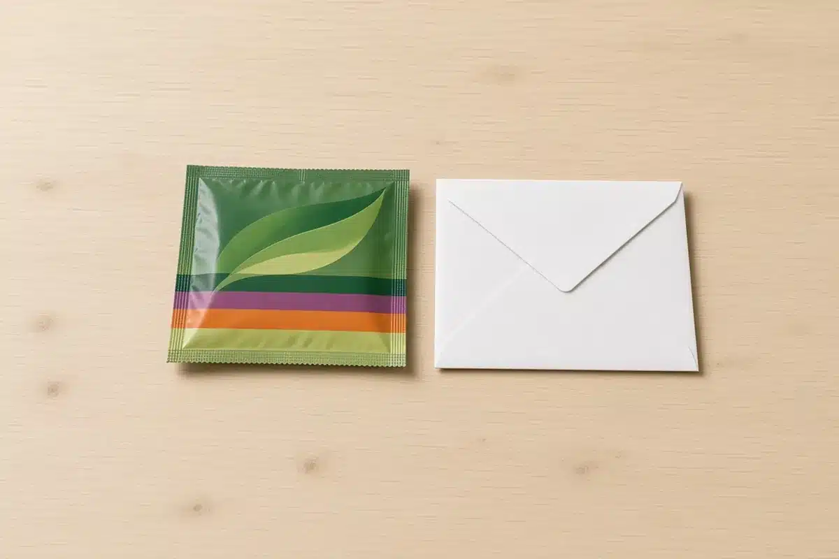 Seed pack with a green leaf graphic and color stripes beside a plain white mailing envelope
