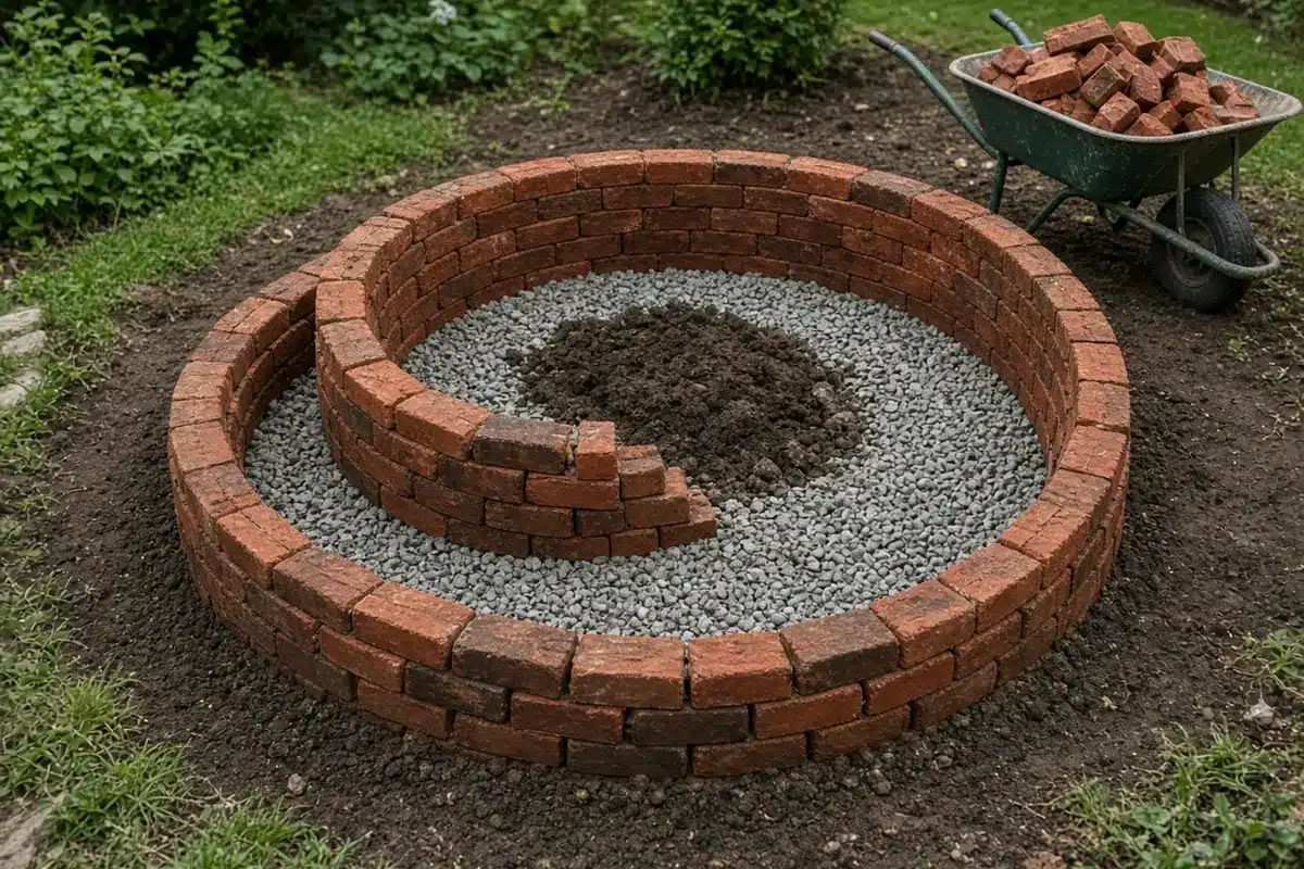 Brick walls of a herb spiral under construction