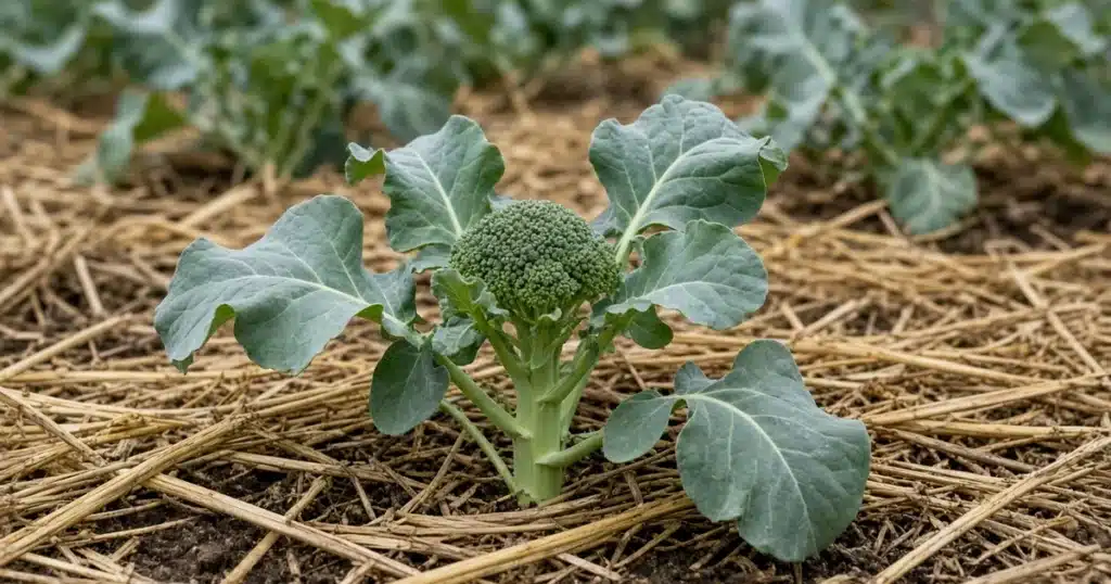 Small early broccoli head on a young plant