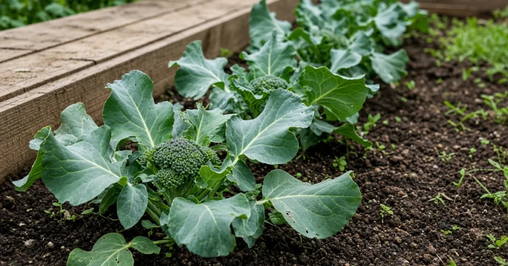 Broccoli plants in a garden row