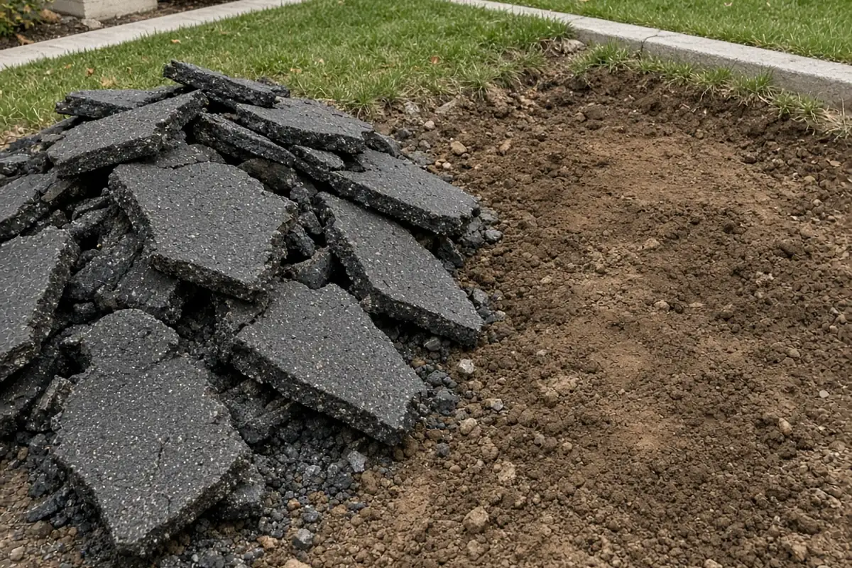 Broken asphalt slabs stacked beside bare soil in a front yard