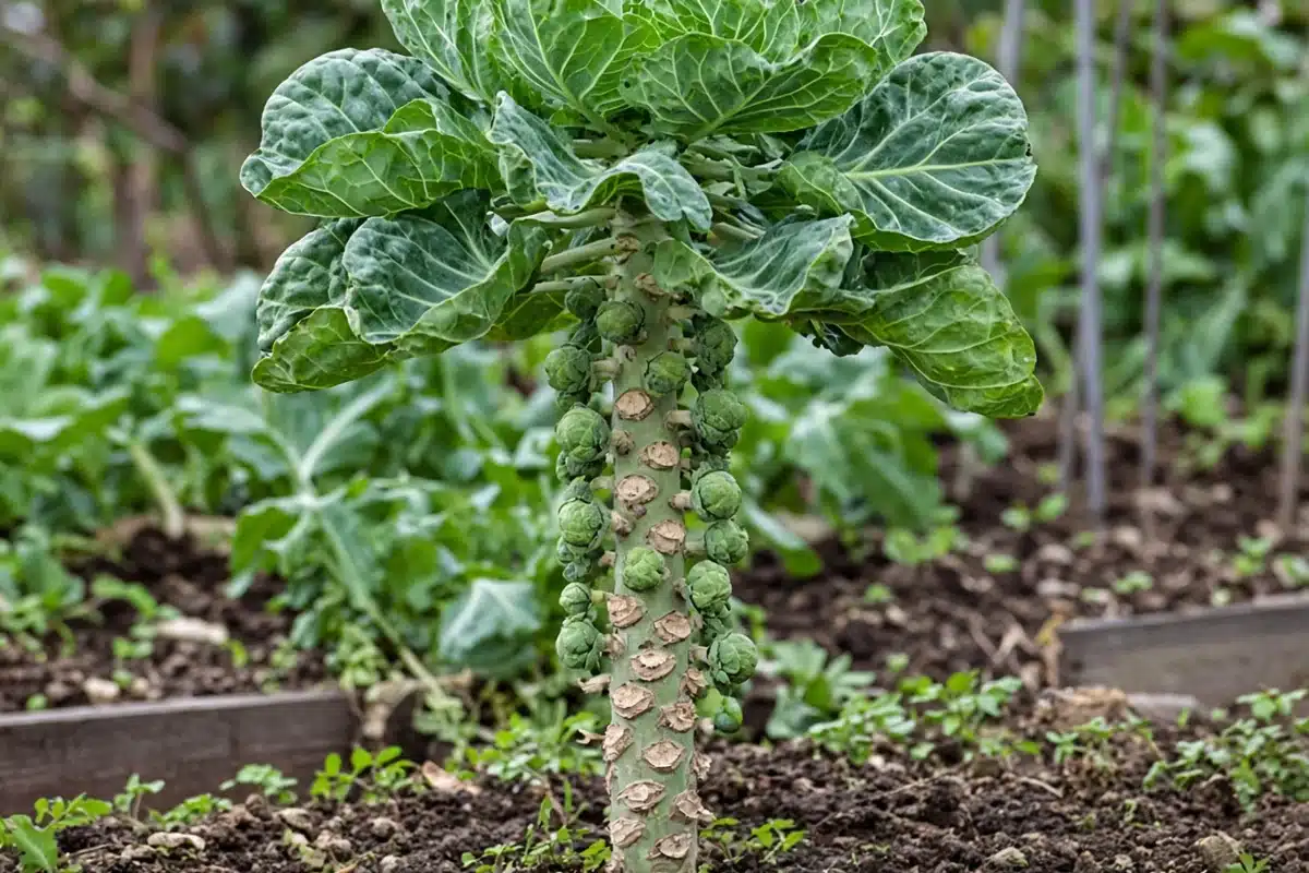 Brussels sprouts plant with lower leaves removed