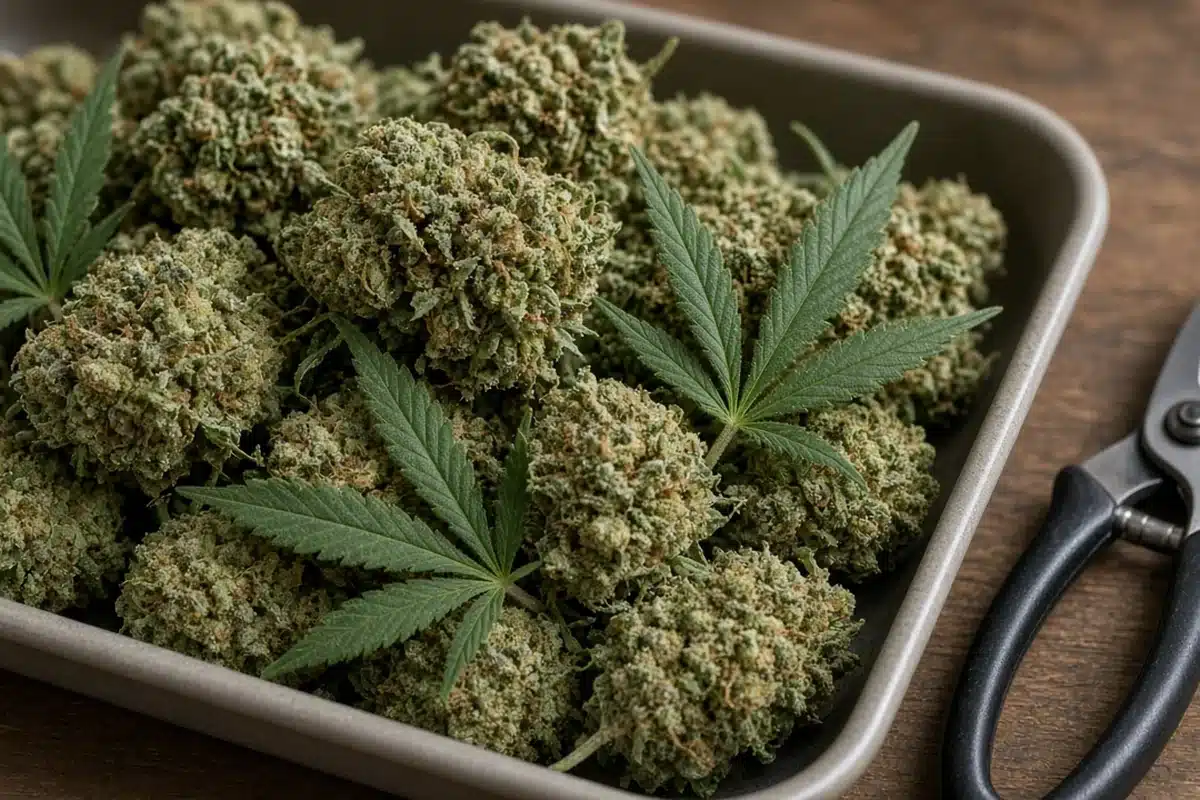 Freshly bucked cannabis buds in a shallow tray with a pair of small shears beside them