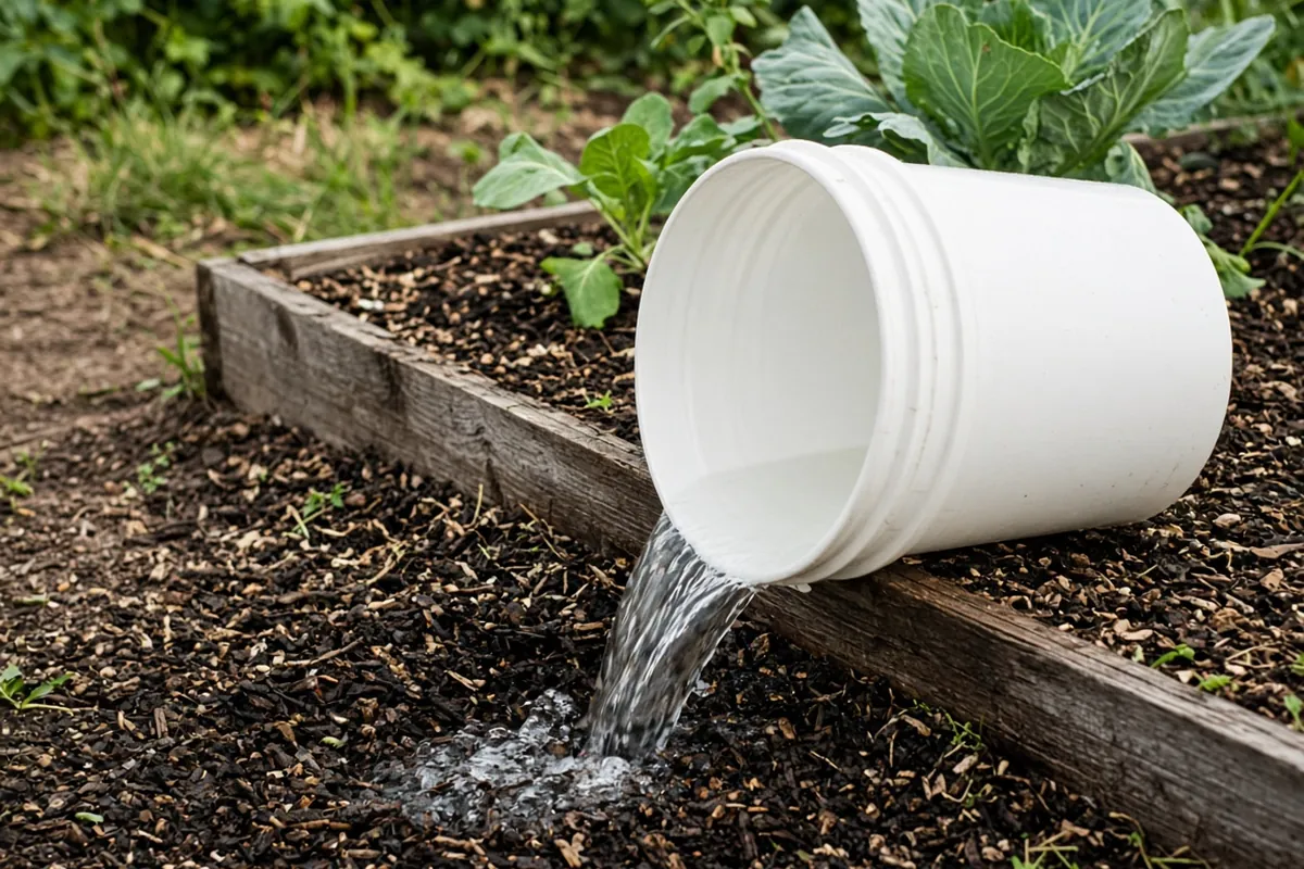 Bucket of used nutrient solution draining into a garden bed