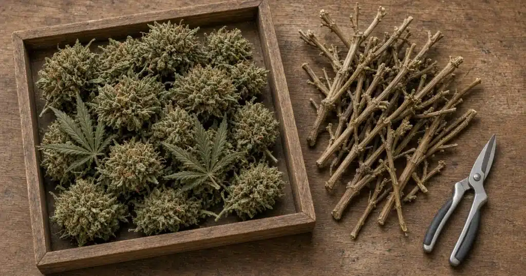 Pile of bucked cannabis buds in a tray beside bare stems on a work table