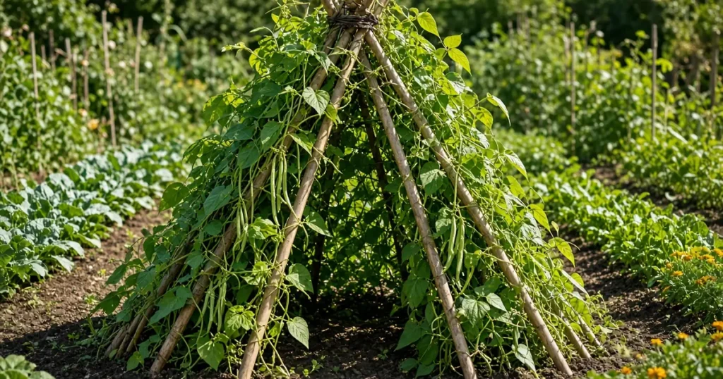 Leafy bean teepee in a sunny garden