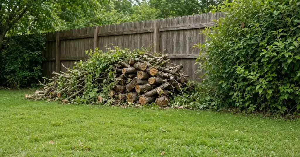 Log and brush pile at the edge of a backyard