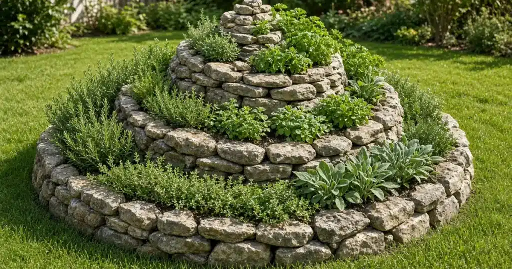 Stone herb spiral planted with herbs in a sunny yard