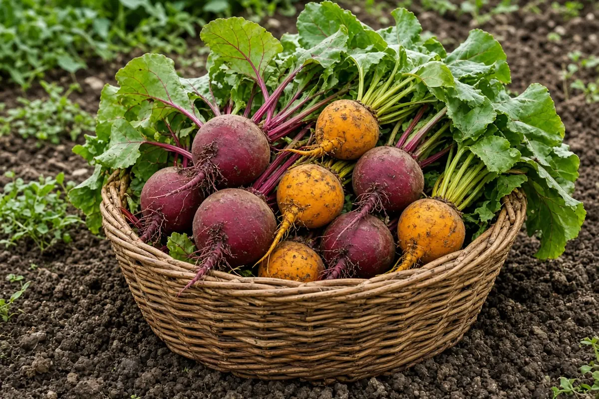 Bunch of harvested beets in a basket