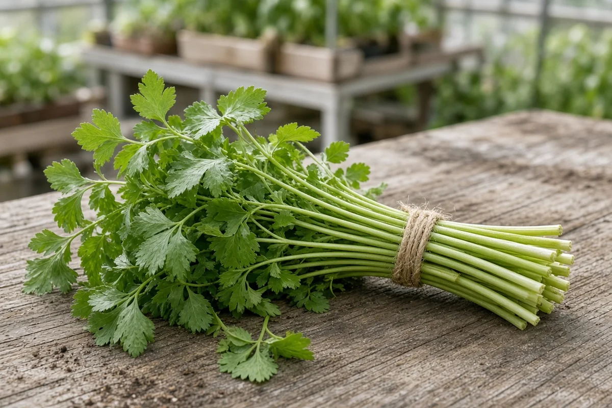Bundle of cut herb stems on a potting bench