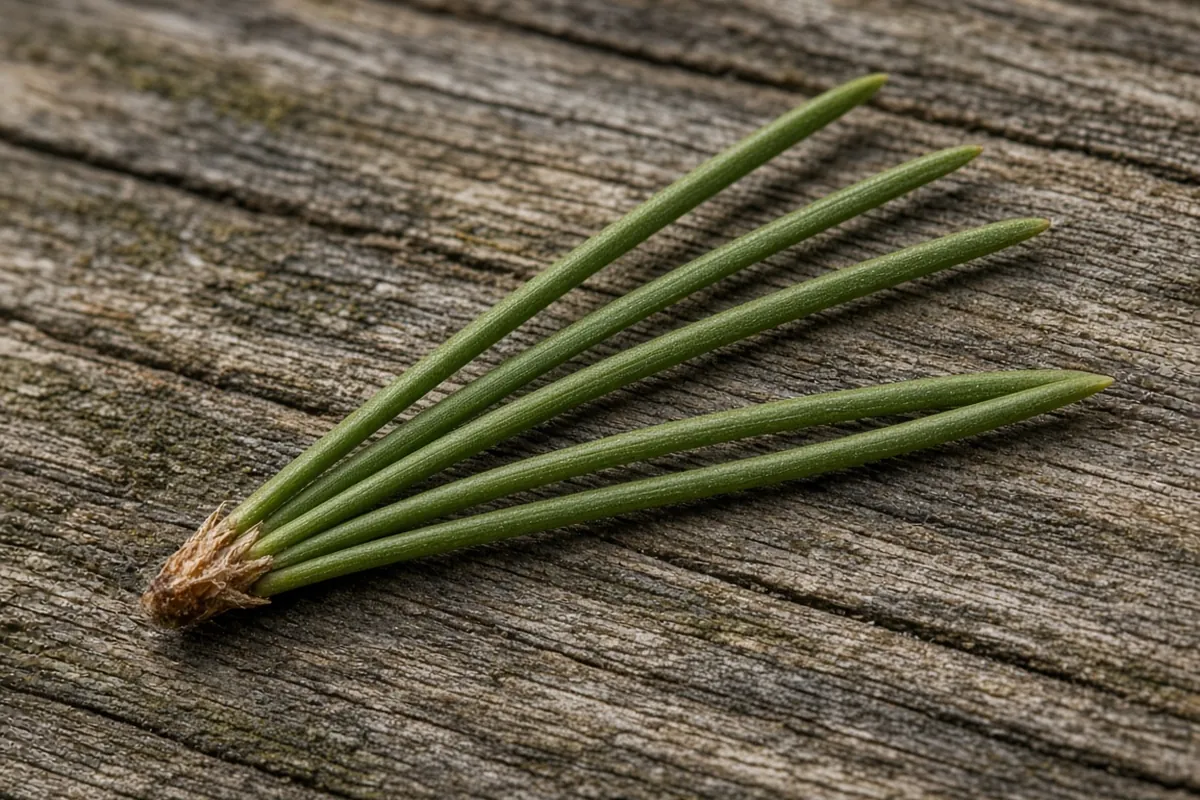 Bundle of five green pine needles on weathered wood