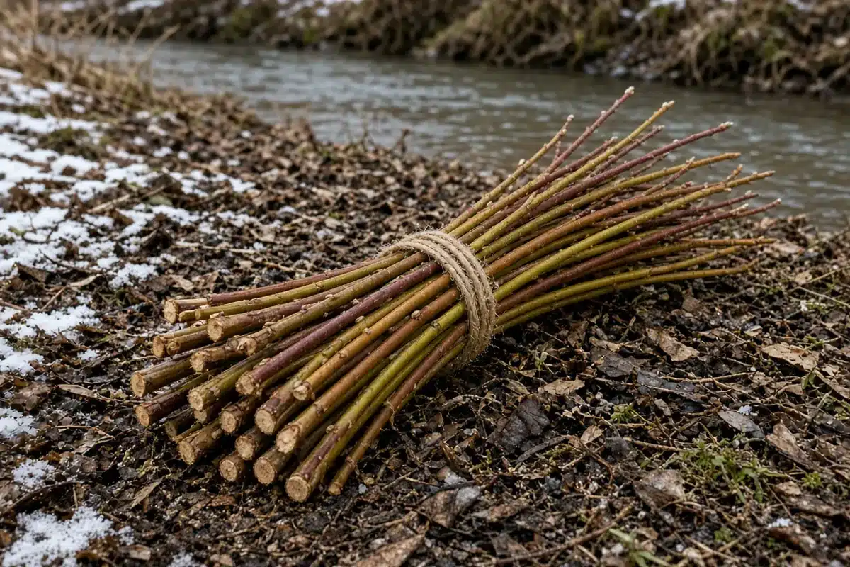 Bundle of freshly cut dormant willow stems