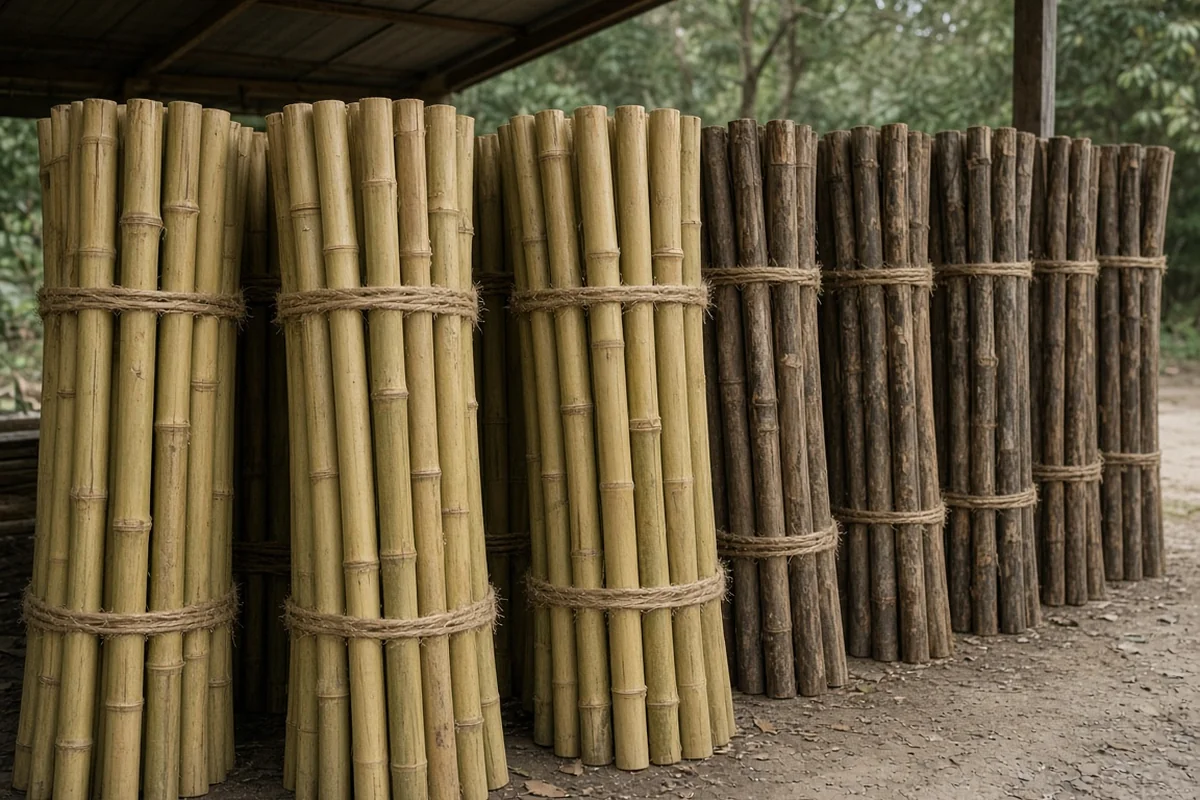 Bundled clean poles stored under a roof