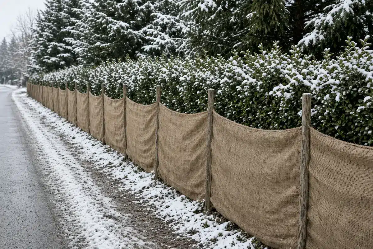 Burlap barrier beside a road facing hedge
