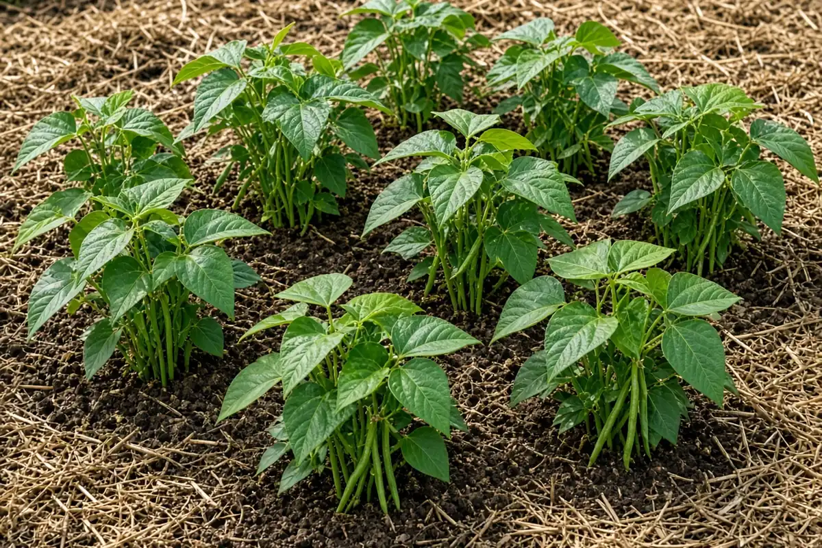 Bush bean plants standing upright in a mulched bed