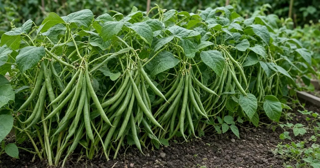 Row of bush beans leaning under heavy pods