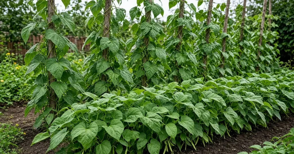Bush beans and pole beans in a garden