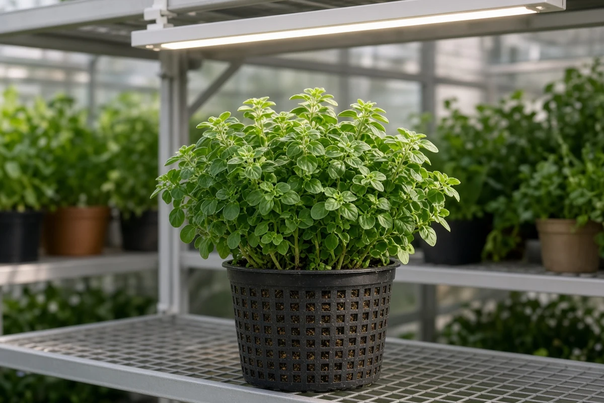 Bushy green oregano under a grow light
