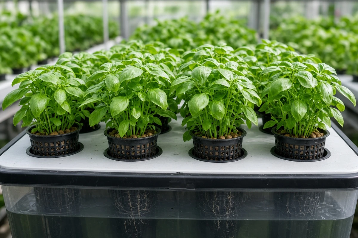 Bushy herb plants in a deep water system