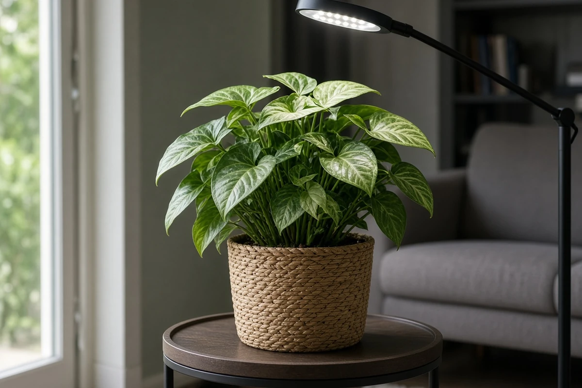Bushy leafy houseplant on a table below a lamp