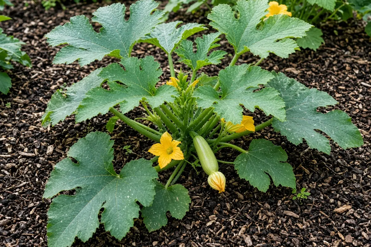 Bushy zucchini plant with large leaves