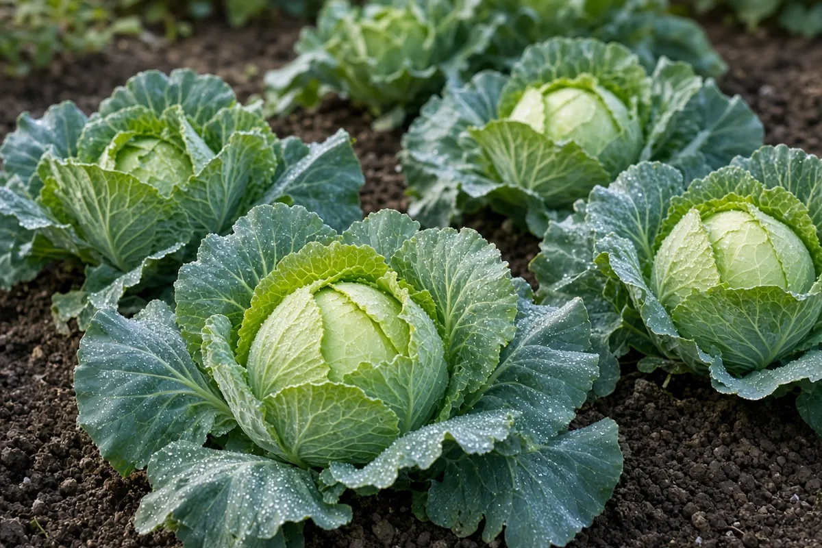 Cabbage heads forming in a bed