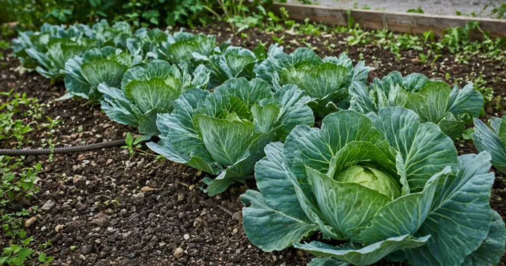 Cabbage plants in a garden bed