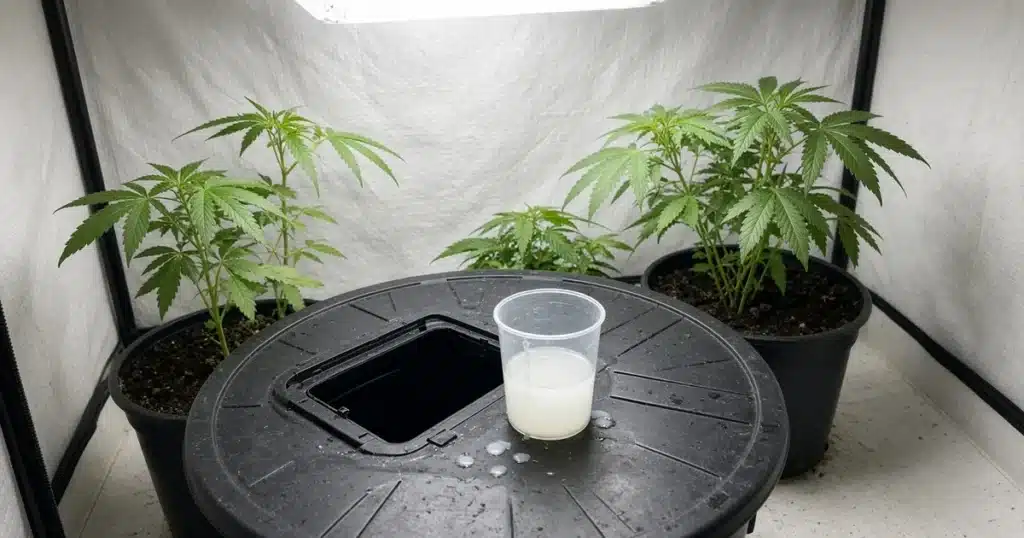 Measuring cup of pale supplement on the lid of a nutrient reservoir beside potted cannabis
