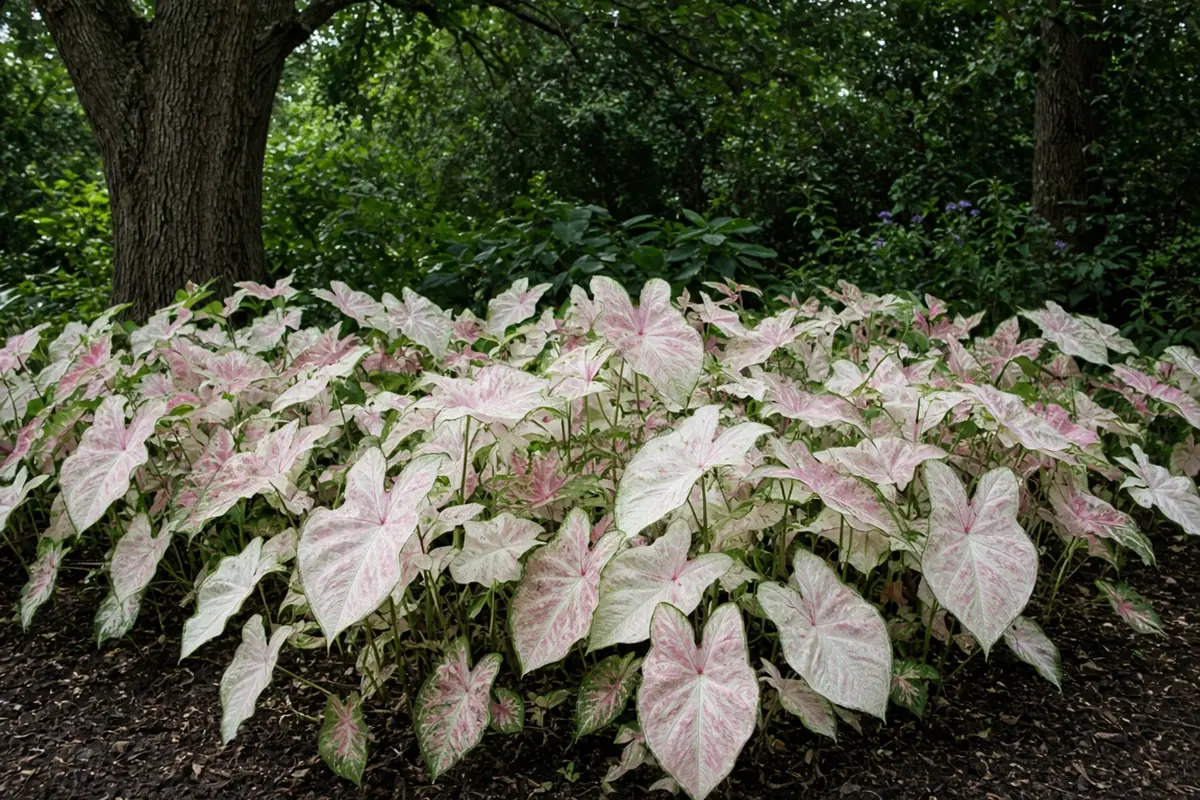Caladium leaves in a shady bed