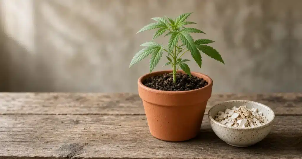 Cannabis plant beside crushed eggshells and oyster shell, natural sources of calcium