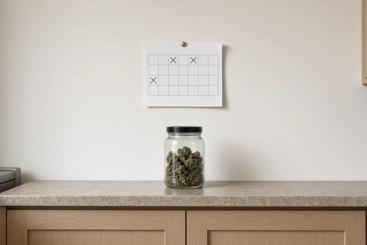 Blank wall calendar beside a jar of buds