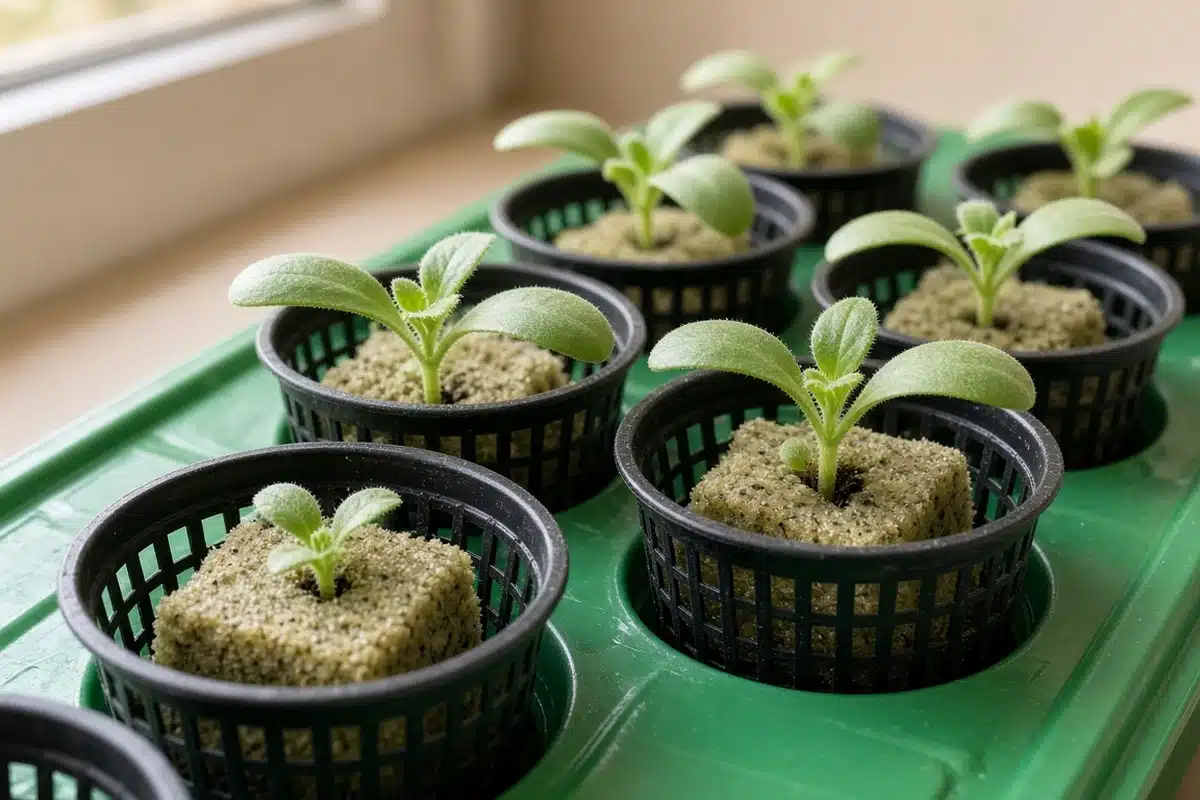 Calendula seedlings in net cups