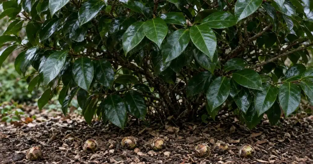 Camellia shrub with fallen flower buds below