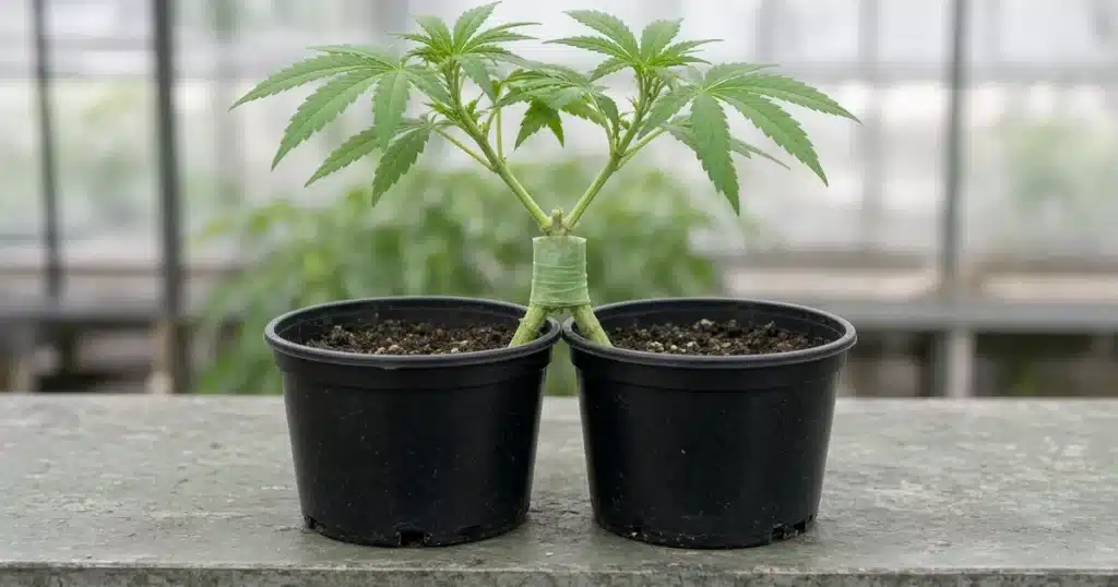 Young cannabis stem joined to a second cannabis stem with a neat wrap of grafting tape on a greenhouse bench