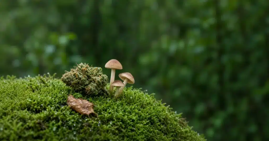 Cannabis bud beside wild forest mushrooms on moss